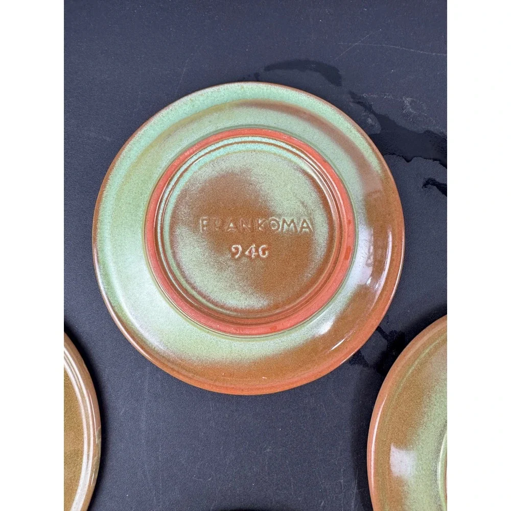 Vtg Frankoma Appetizer Plates Set‎ of 7 Brown Green Wagon Wheel Sunburst 6.5